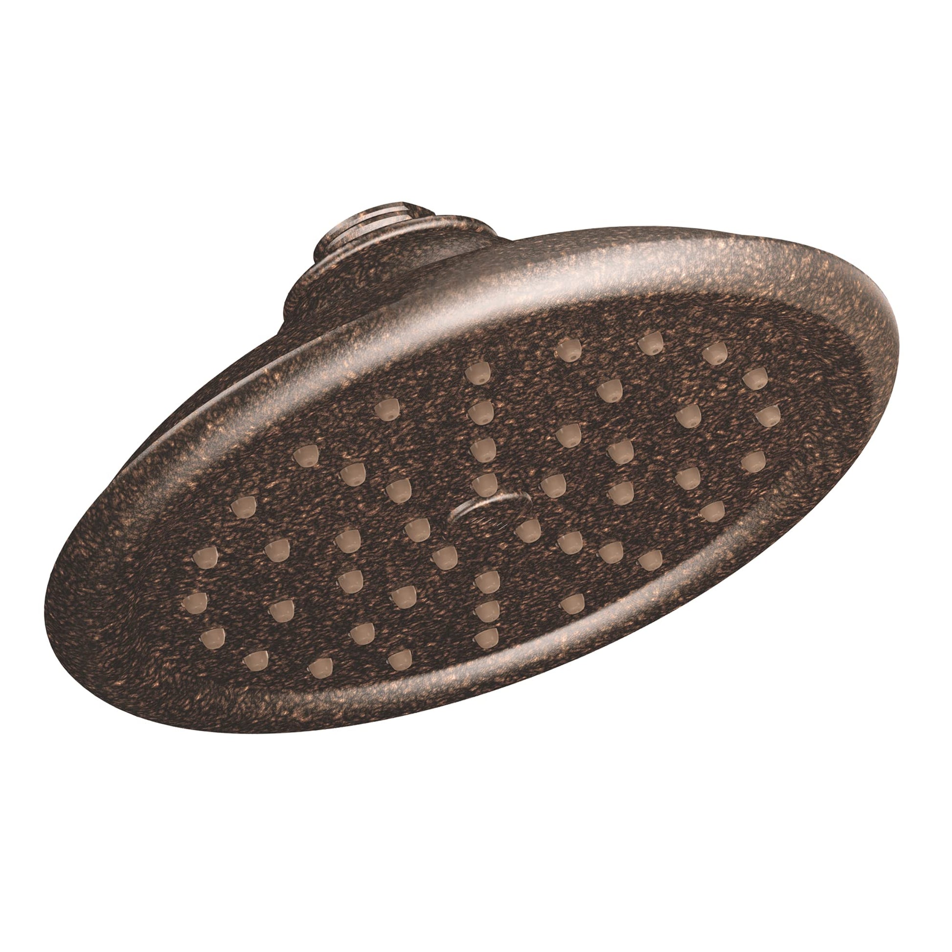 Oil rubbed bronze rainshower showerhead with circular spray holes and wall mount connector.