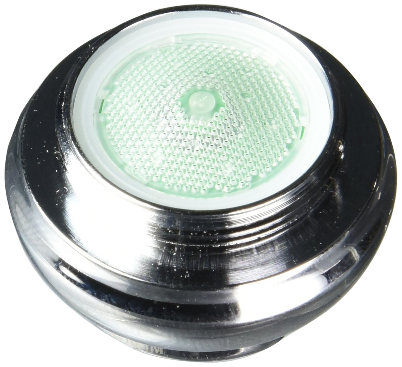 Chrome flow straightener with green mesh insert and white ring, circular aerator component shown from above.