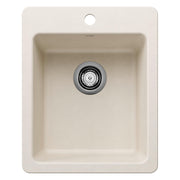 Soft white single-bowl bar sink with rounded corners, chrome drain strainer, and pre-drilled faucet hole.