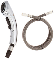 Chrome pull-out wand assembly with circular showerhead, trigger handle, and braided hose with connectors.
