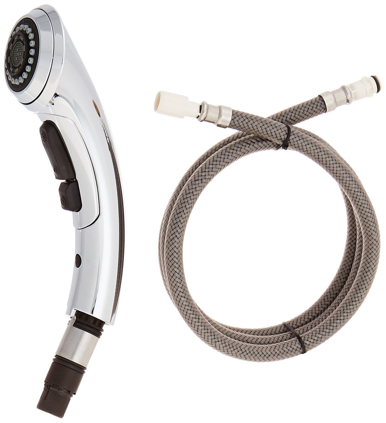 Chrome pull-out wand assembly with circular showerhead, trigger handle, and braided hose with connectors.