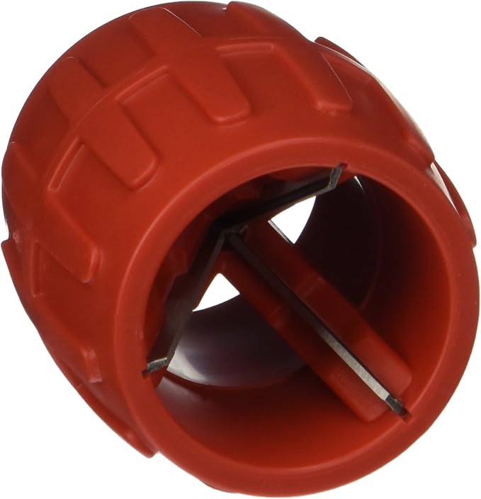 Red RIDGID inner-outer reamer with cylindrical body and internal cutting blades for sizing pipes 1/4 to 1-1/2 inches.