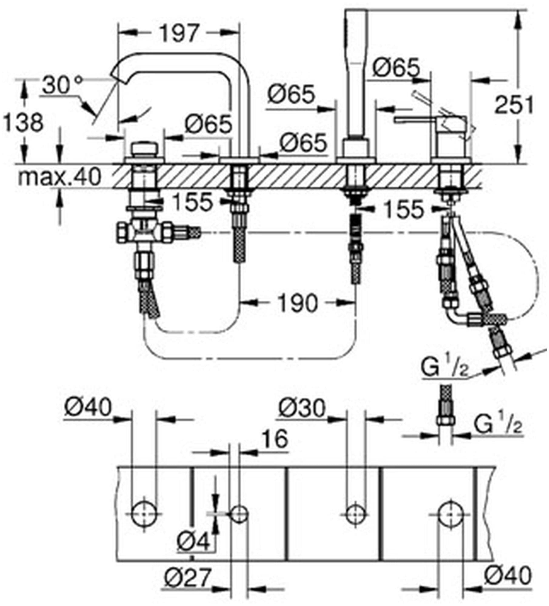 Technical schematic diagram showing installation dimensions and plumbing connections for a four-hole chrome roman tub faucet 