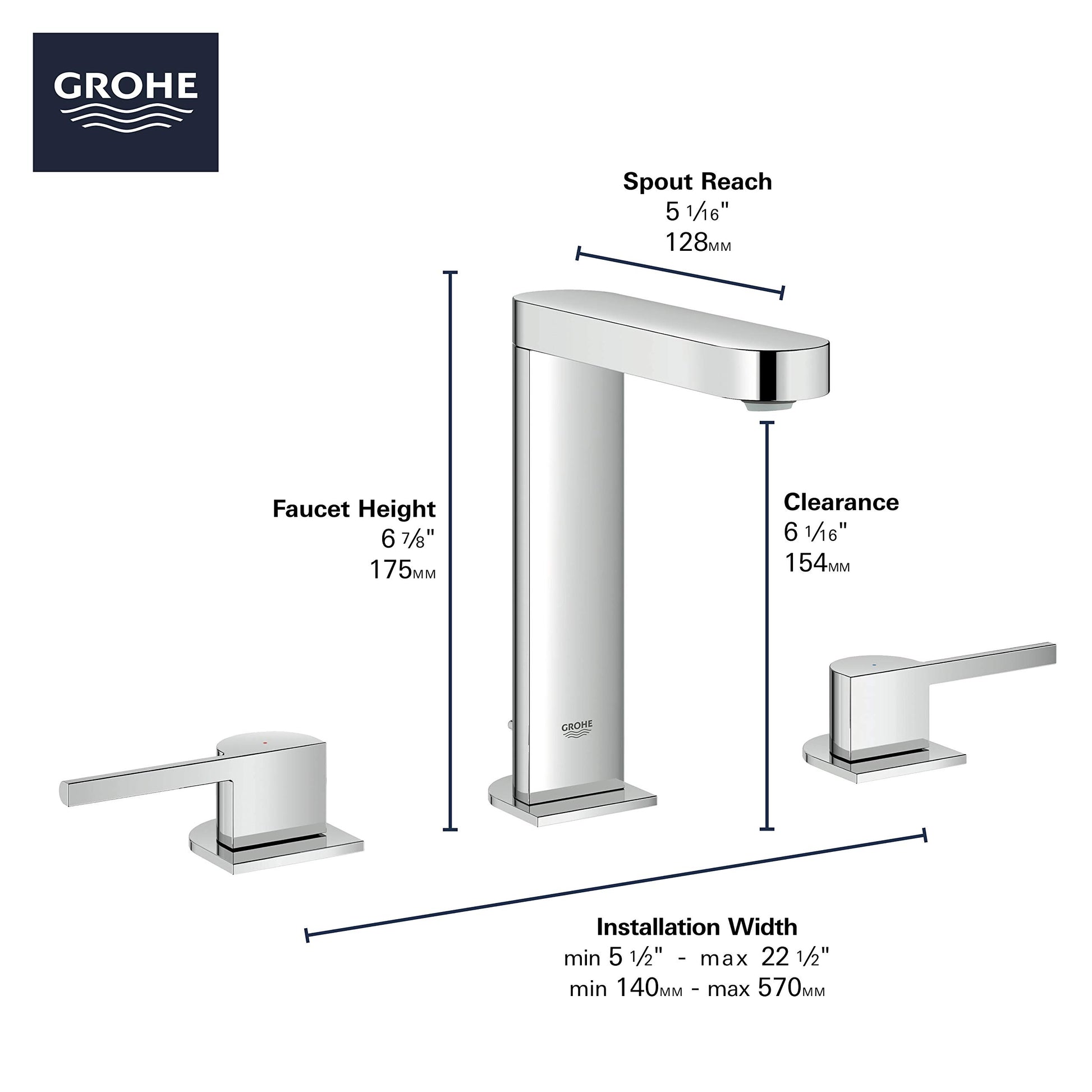 Chrome widespread bathroom faucet with tall center spout and two side handles, dimensions labeled.