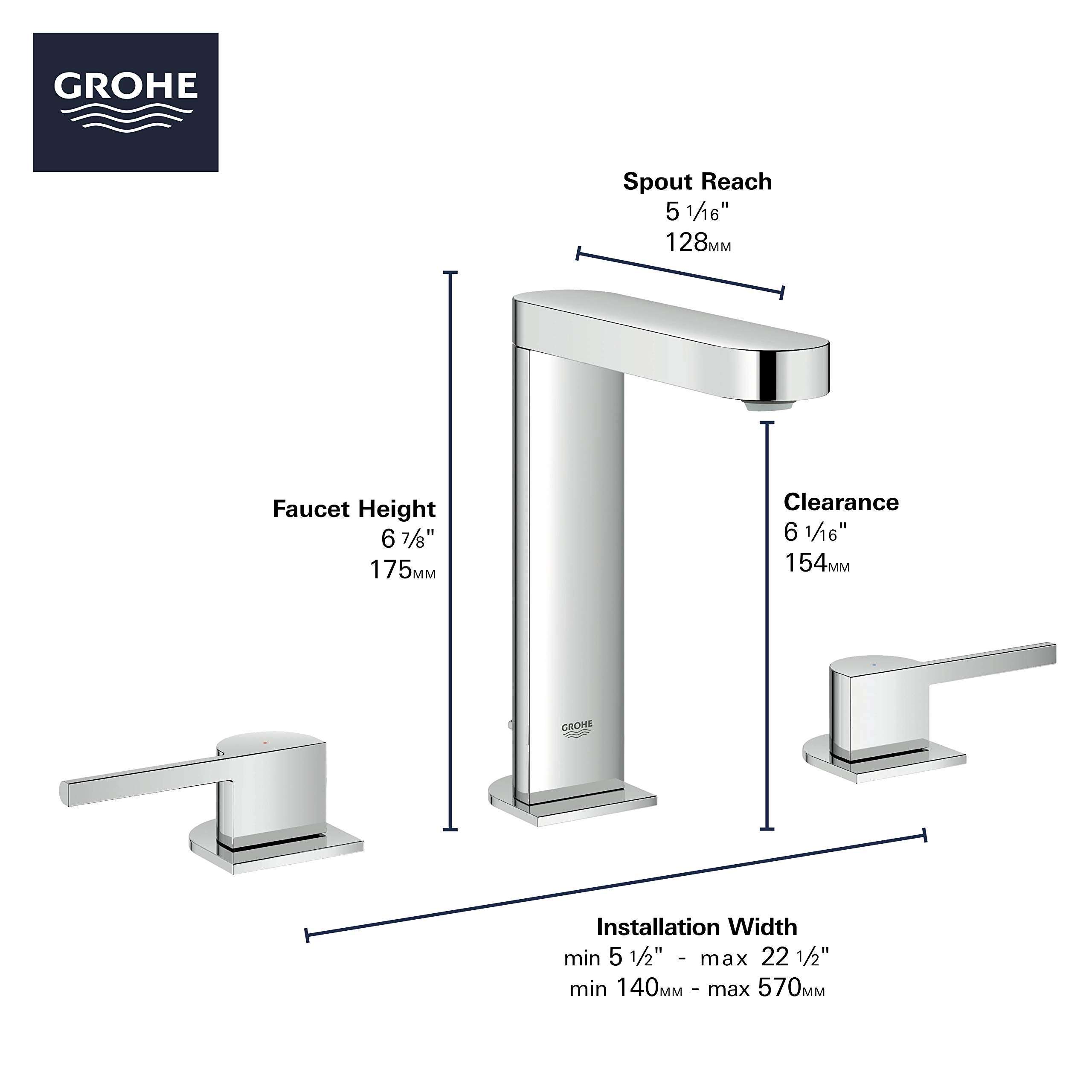 Grohe brushed nickel widespread bathroom faucet with tall central spout and two lever handles, shown with dimension specifica
