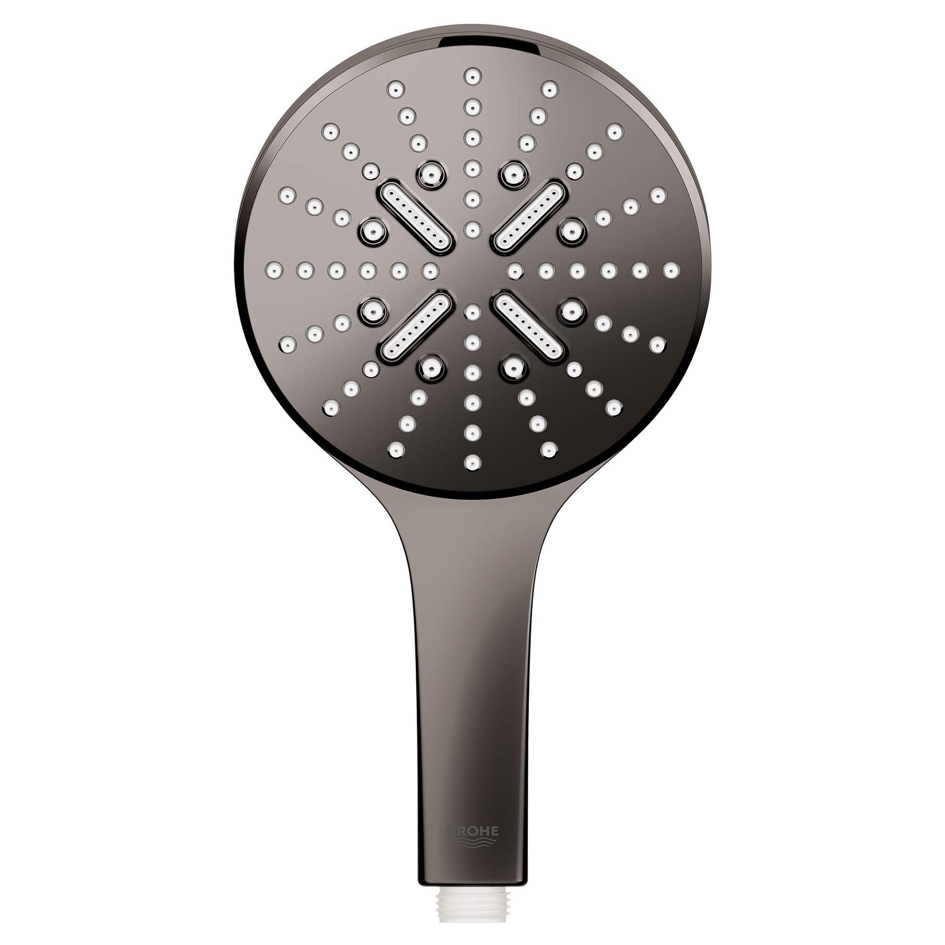 Grohe hard graphite hand shower with circular head featuring multiple spray nozzles and rectangular spray channels arranged i