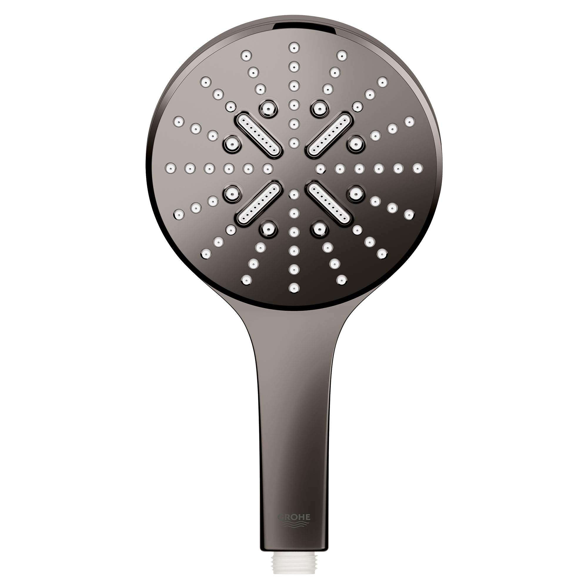 Grohe hard graphite hand shower with circular head featuring multiple spray nozzles and rectangular spray channels arranged i