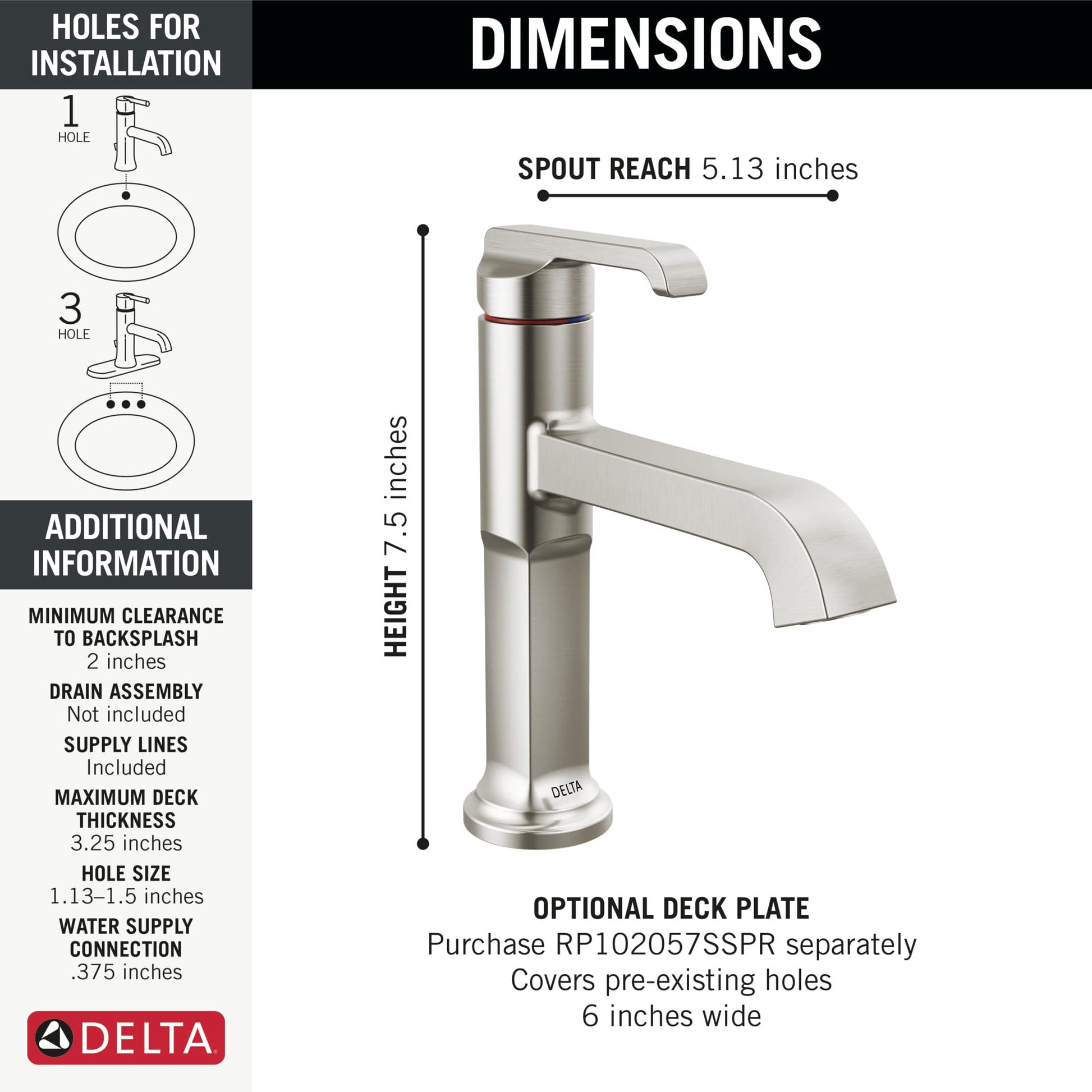 Single handle bathroom faucet in stainless steel with 7.5-inch height and 5.13-inch spout reach.