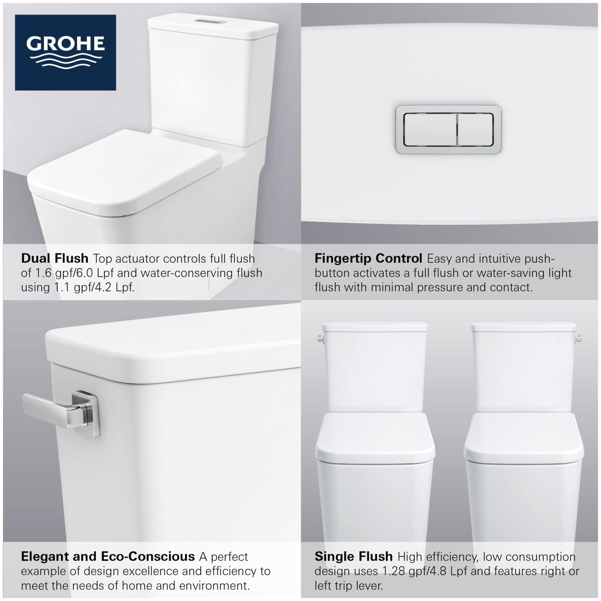 White two-piece elongated toilet with seat and dual flush tank, shown with closed seat lid and matching white tank.