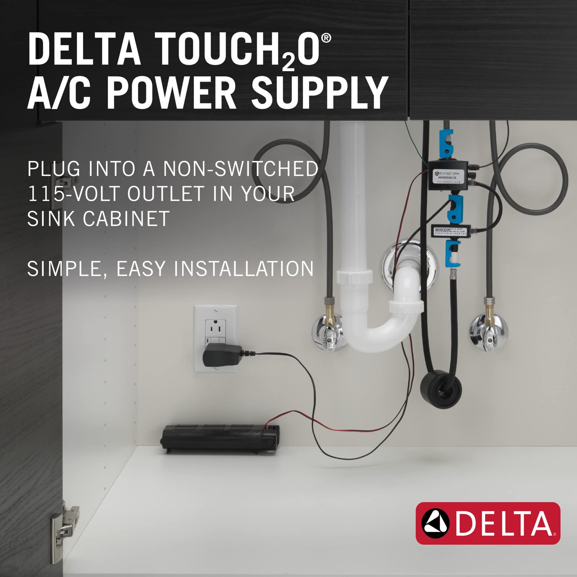 Delta Touch2.0 A/C power supply installed under sink cabinet with outlet plug and blue control modules.