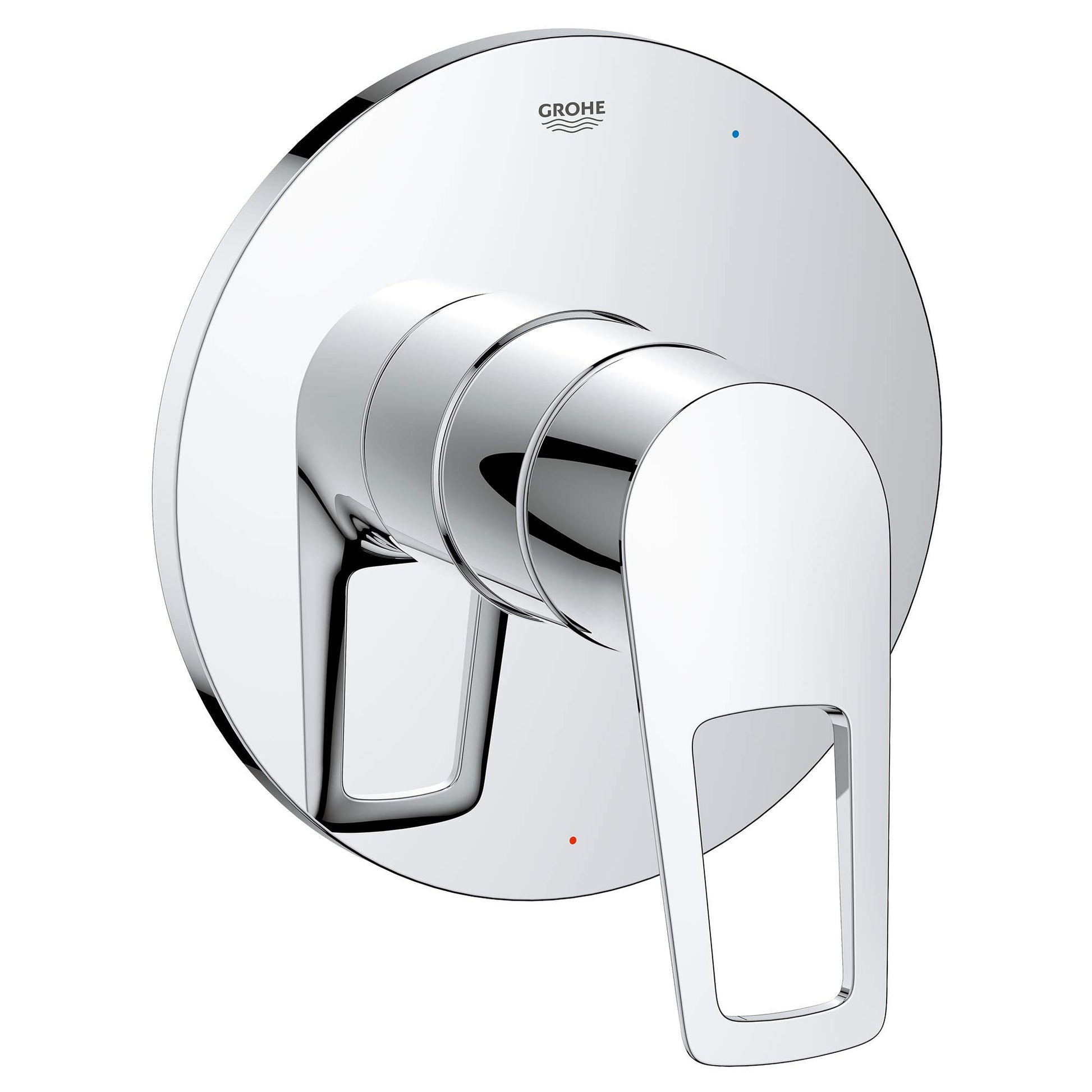 Chrome pressure balance valve trim with single lever handle and circular escutcheon plate, Grohe logo visible.
