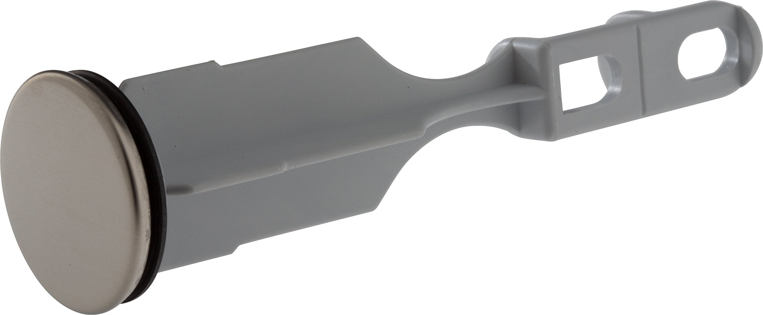 Chrome drain stopper with gray plastic stem and mounting bracket for bathroom sink.