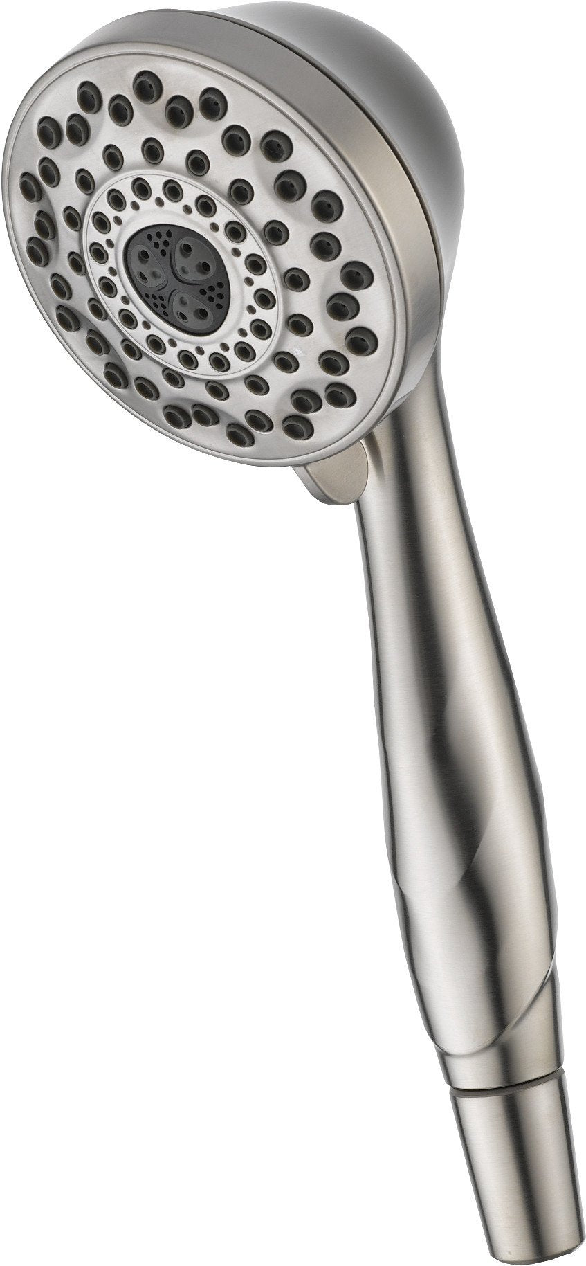 Chrome hand shower with circular face featuring multiple spray holes arranged in concentric rings and tapered handle.