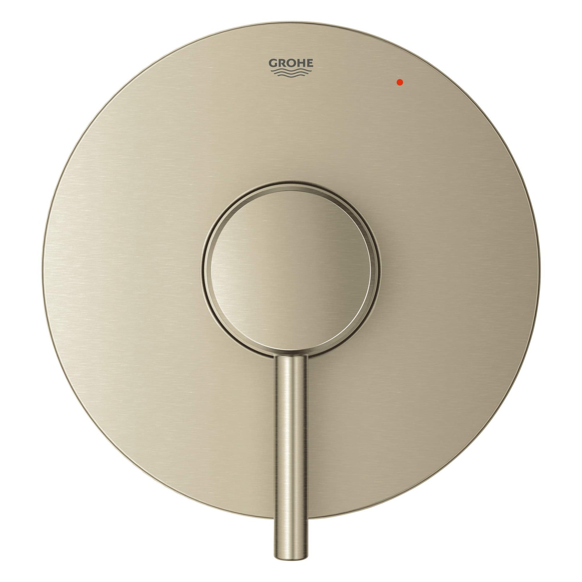 Grohe Concetto brushed nickel pressure balance valve trim with circular escutcheon and single lever handle.