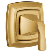 Brushed gold single-handle valve trim with curved lever and rectangular escutcheon plate.