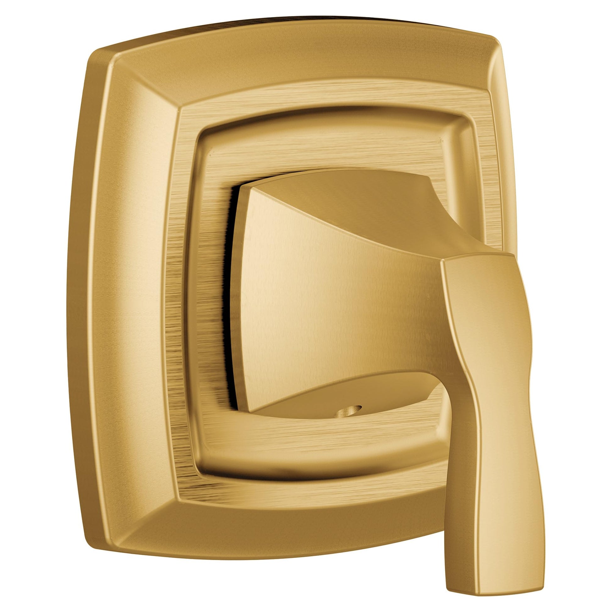 Brushed gold single-handle valve trim with curved lever and rectangular escutcheon plate.