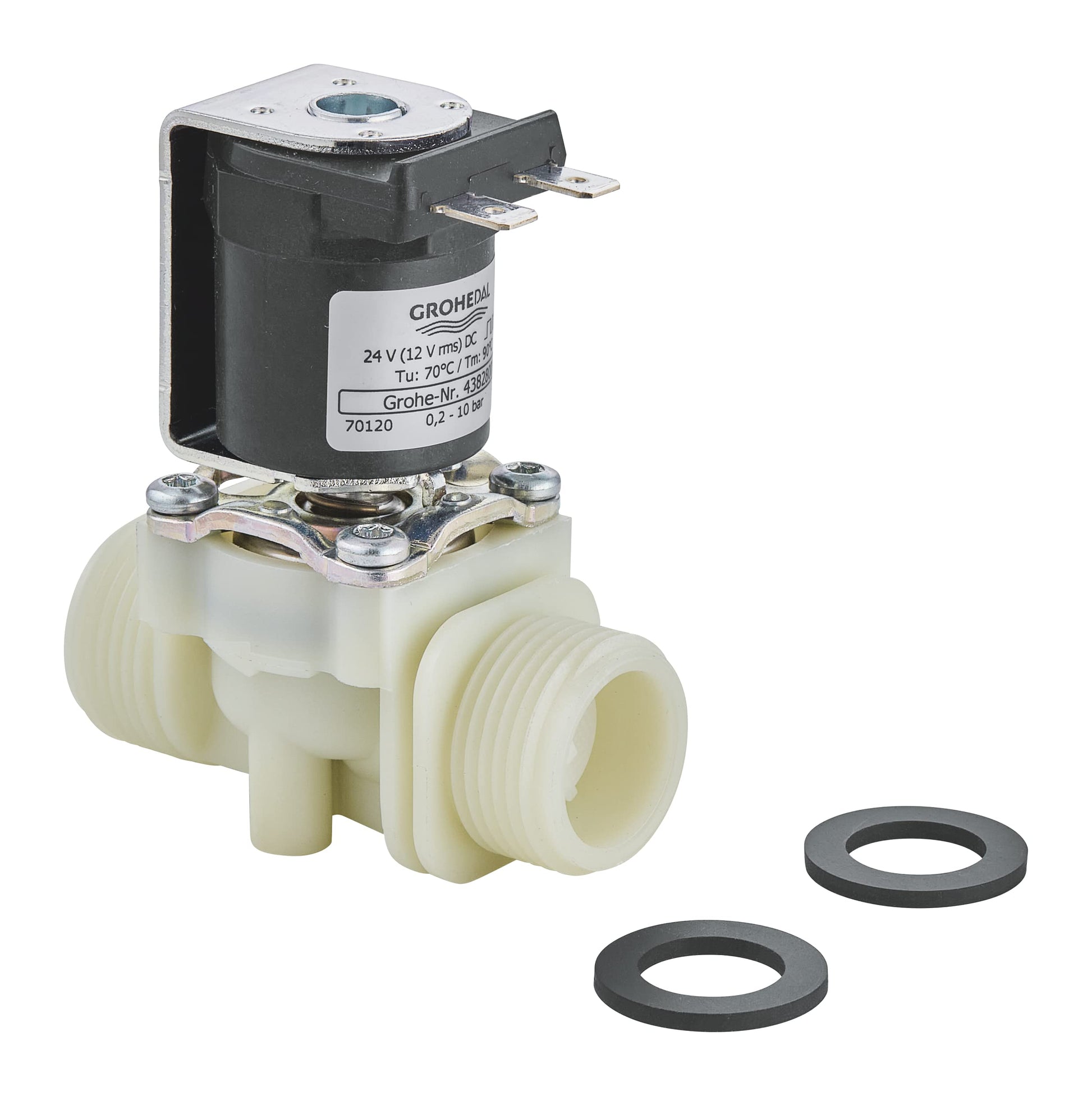 Grohe solenoid valve with black coil, cream plastic body, threaded ports, and two rubber gaskets.