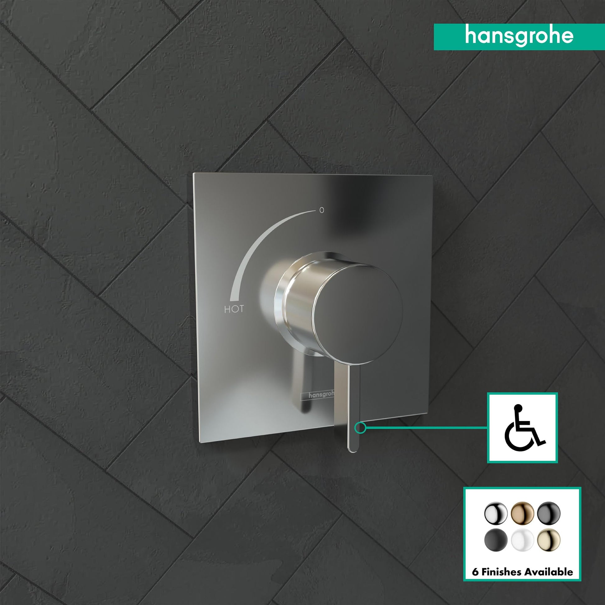 Chrome square pressure balance valve trim with round handle and temperature control lever mounted on tile wall.