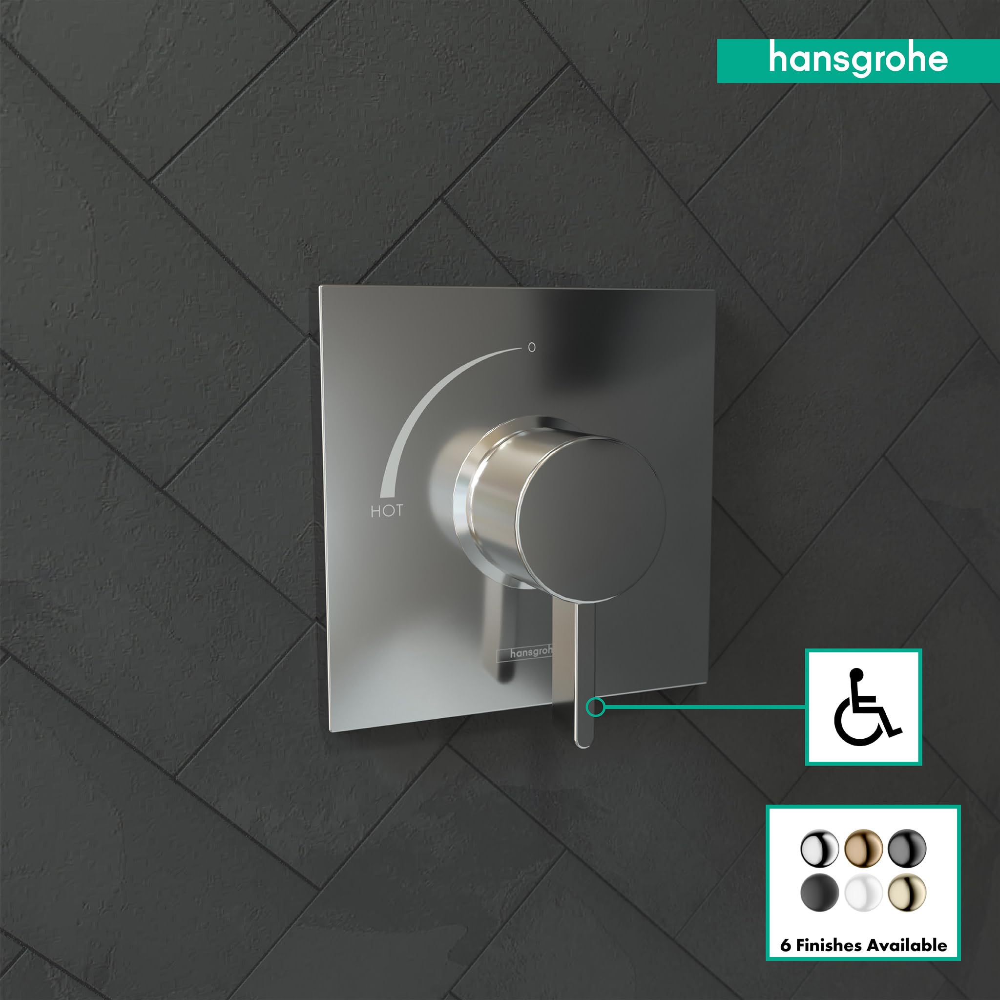 Chrome square pressure balance valve trim with round handle and temperature control lever mounted on tile wall.