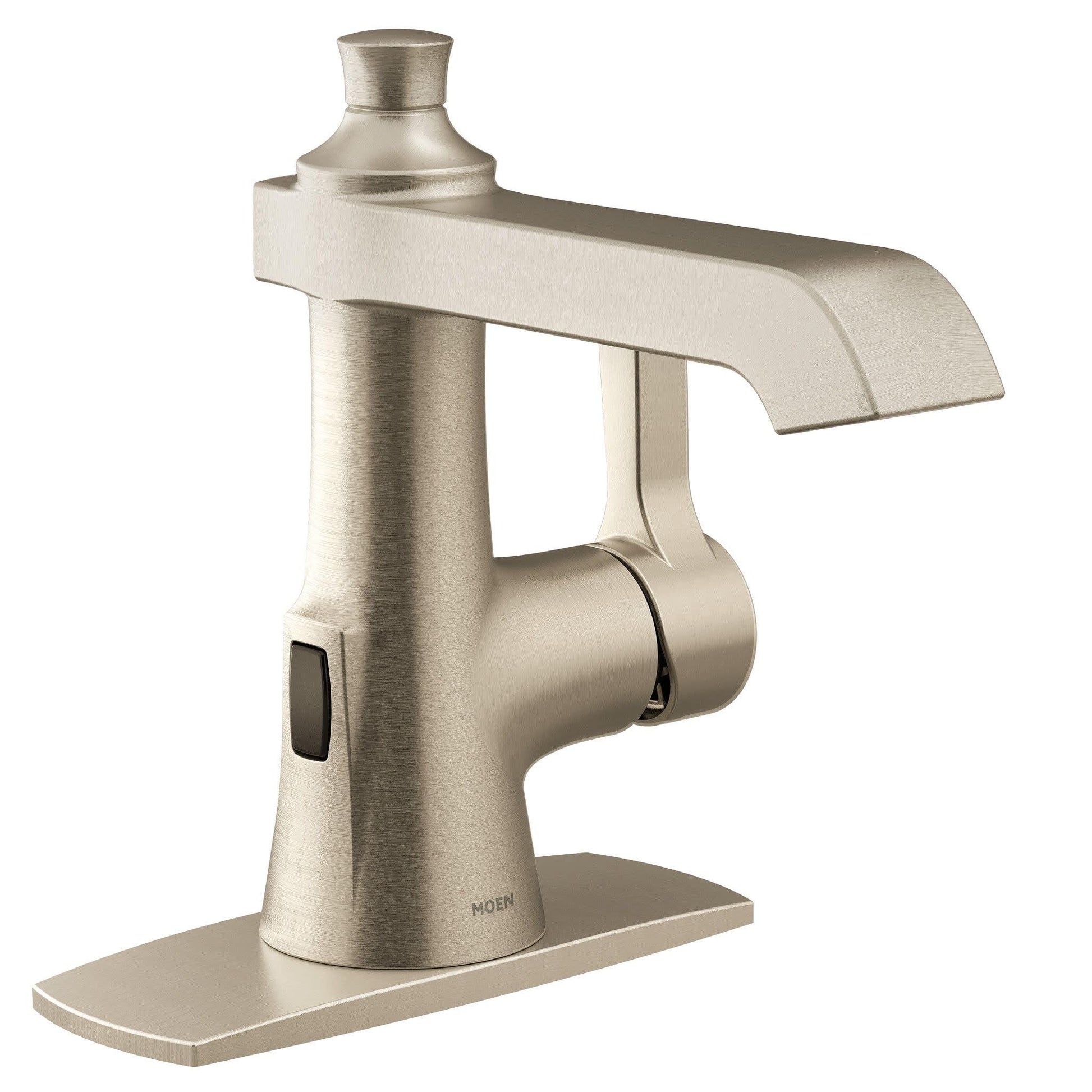 Brushed nickel single-handle bathroom faucet with curved spout and motion sensor on cylindrical body with rectangular base.