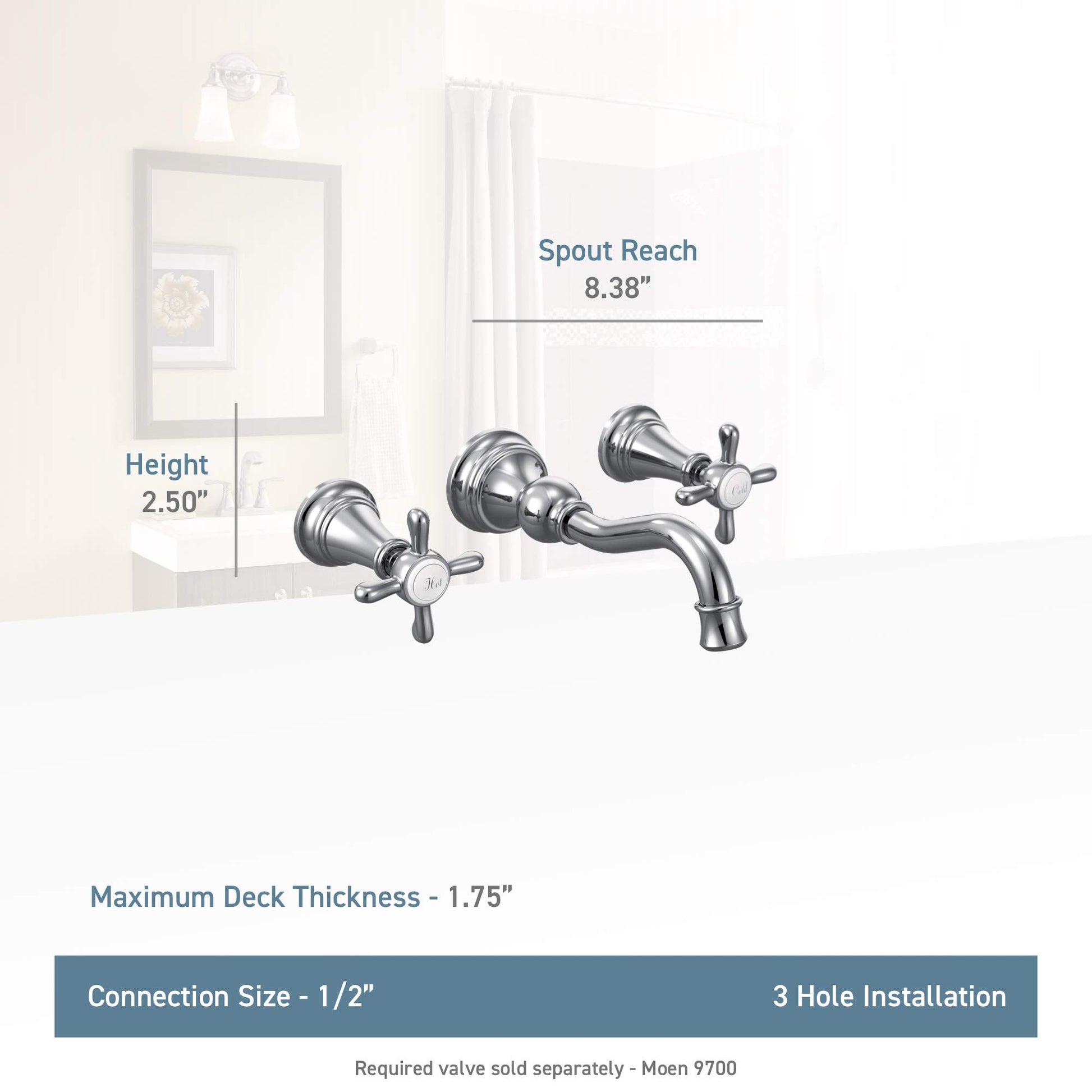 Brushed gold wall-mount bathroom faucet with two cross handles and high-arc spout, 2.50" height, 8.38" spout reach.