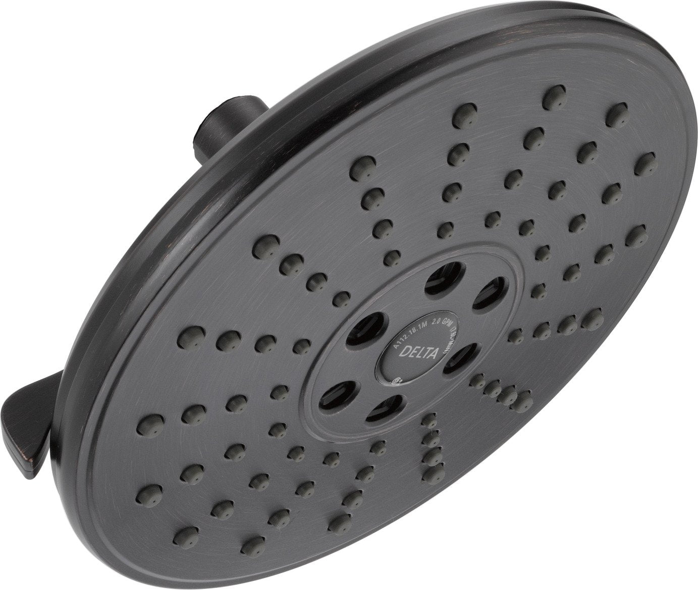 Round matte black showerhead with multiple spray holes and center control dial, mounted on angled arm.