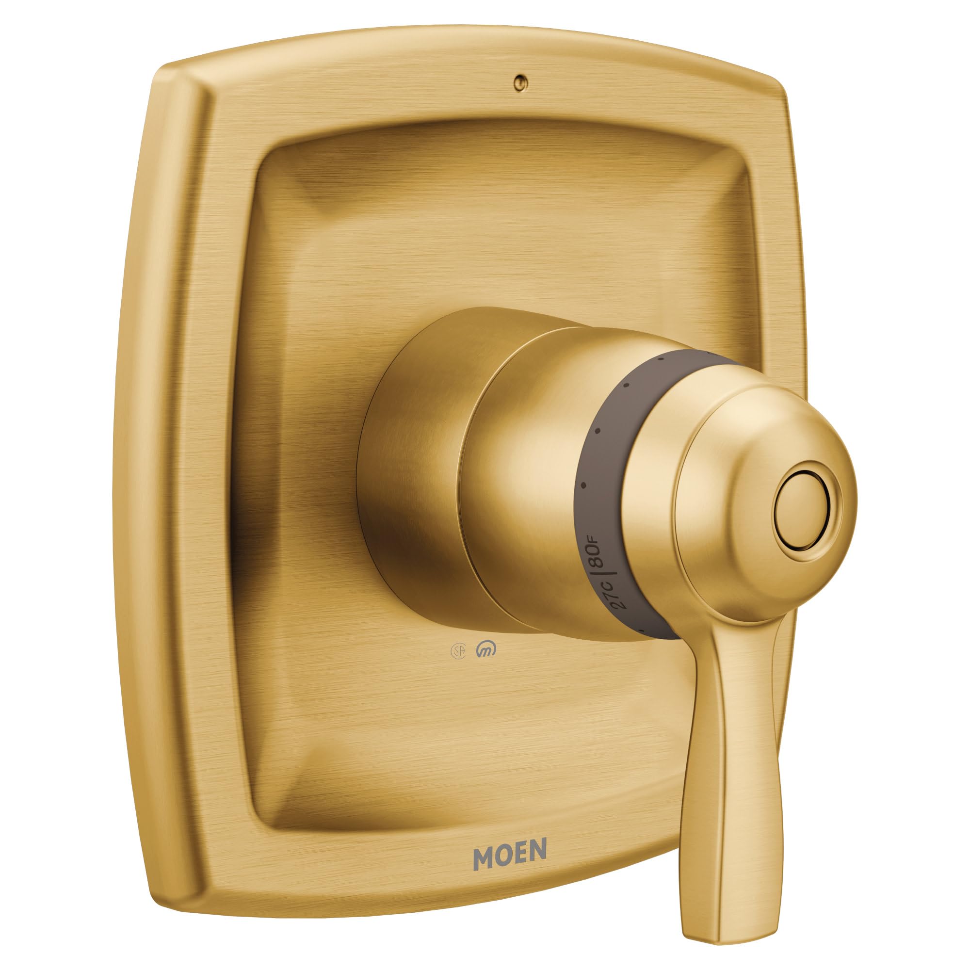 Brushed gold thermostatic shower valve trim with lever handle and rectangular escutcheon plate.