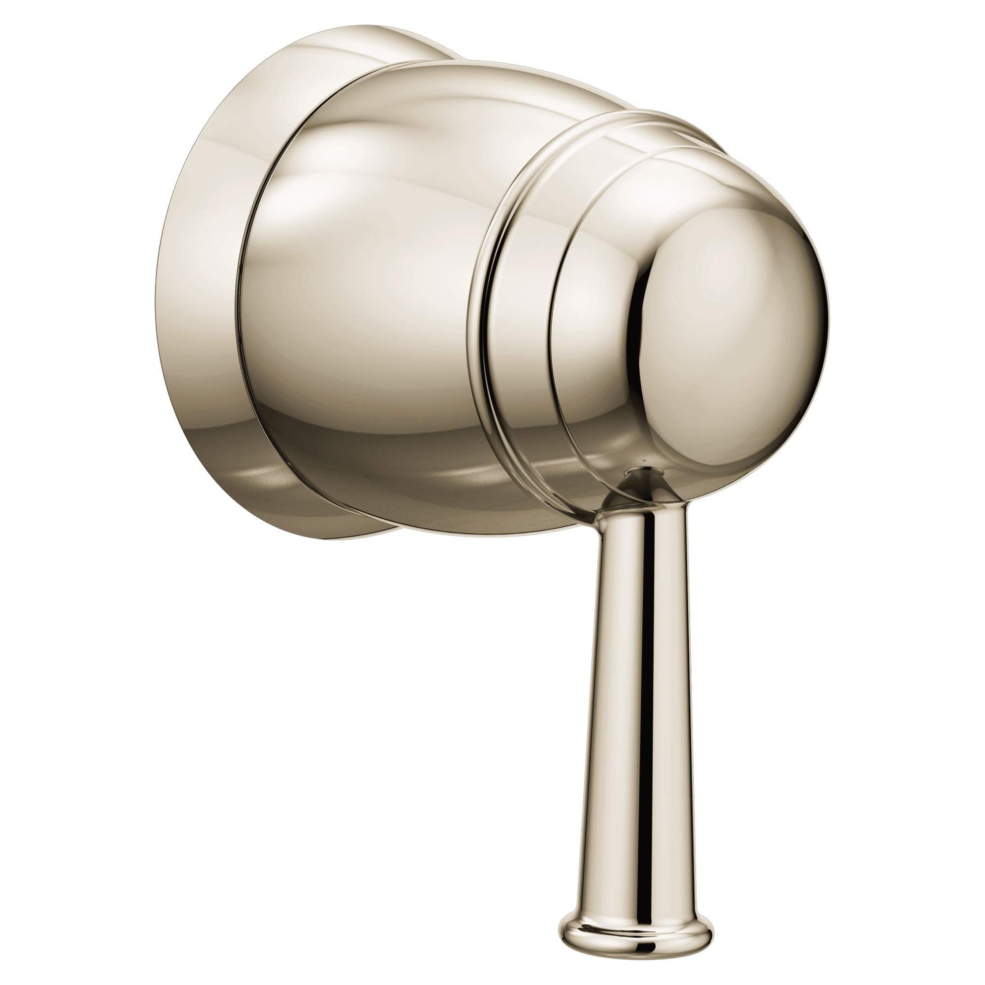 Polished nickel shower valve trim with rounded knob handle and cylindrical wall-mounted escutcheon plate.