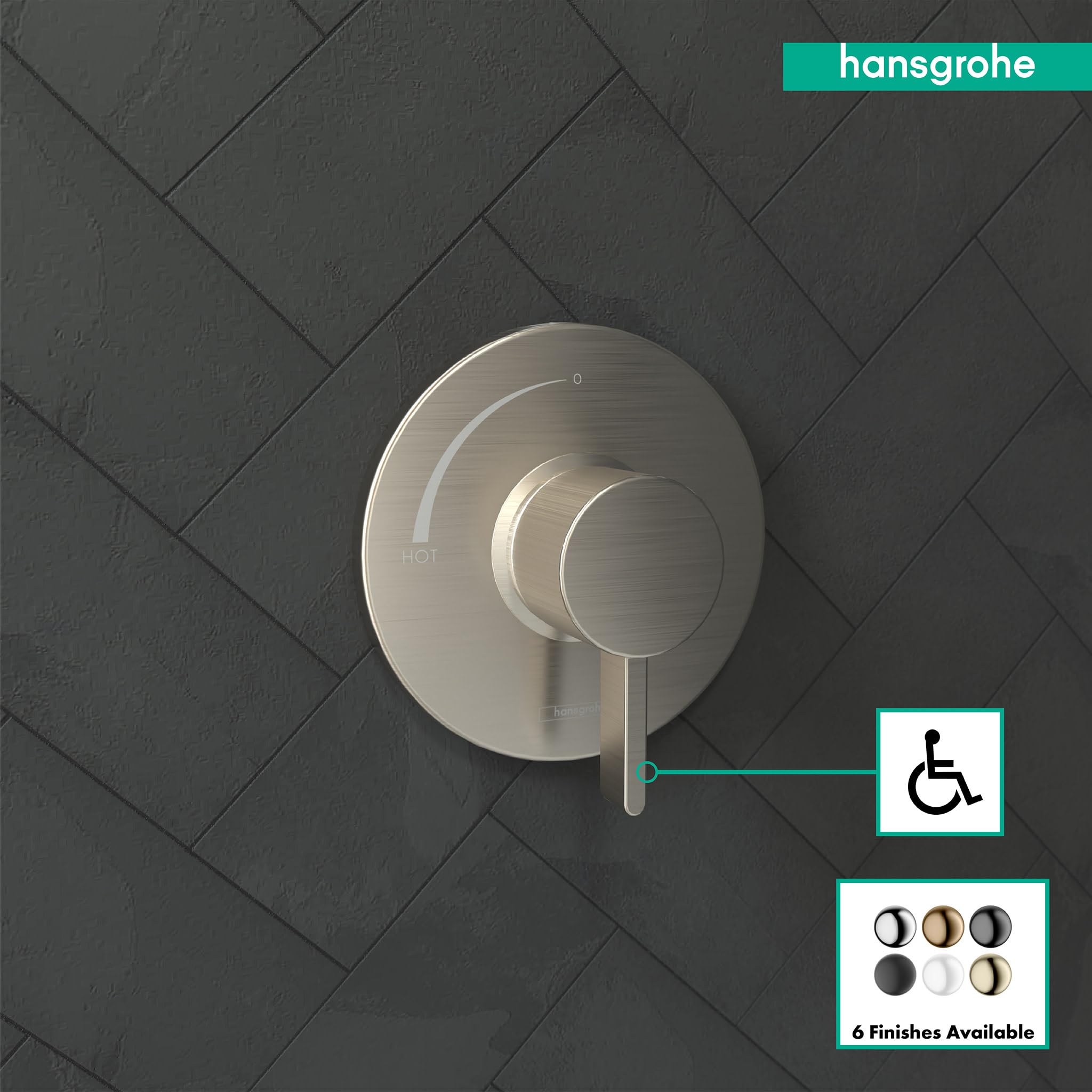 Brushed nickel circular pressure balance valve trim with integrated lever handle mounted on dark tile wall.