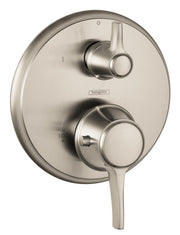 Round brushed nickel thermostatic shower trim with two control handles for temperature and volume adjustment.