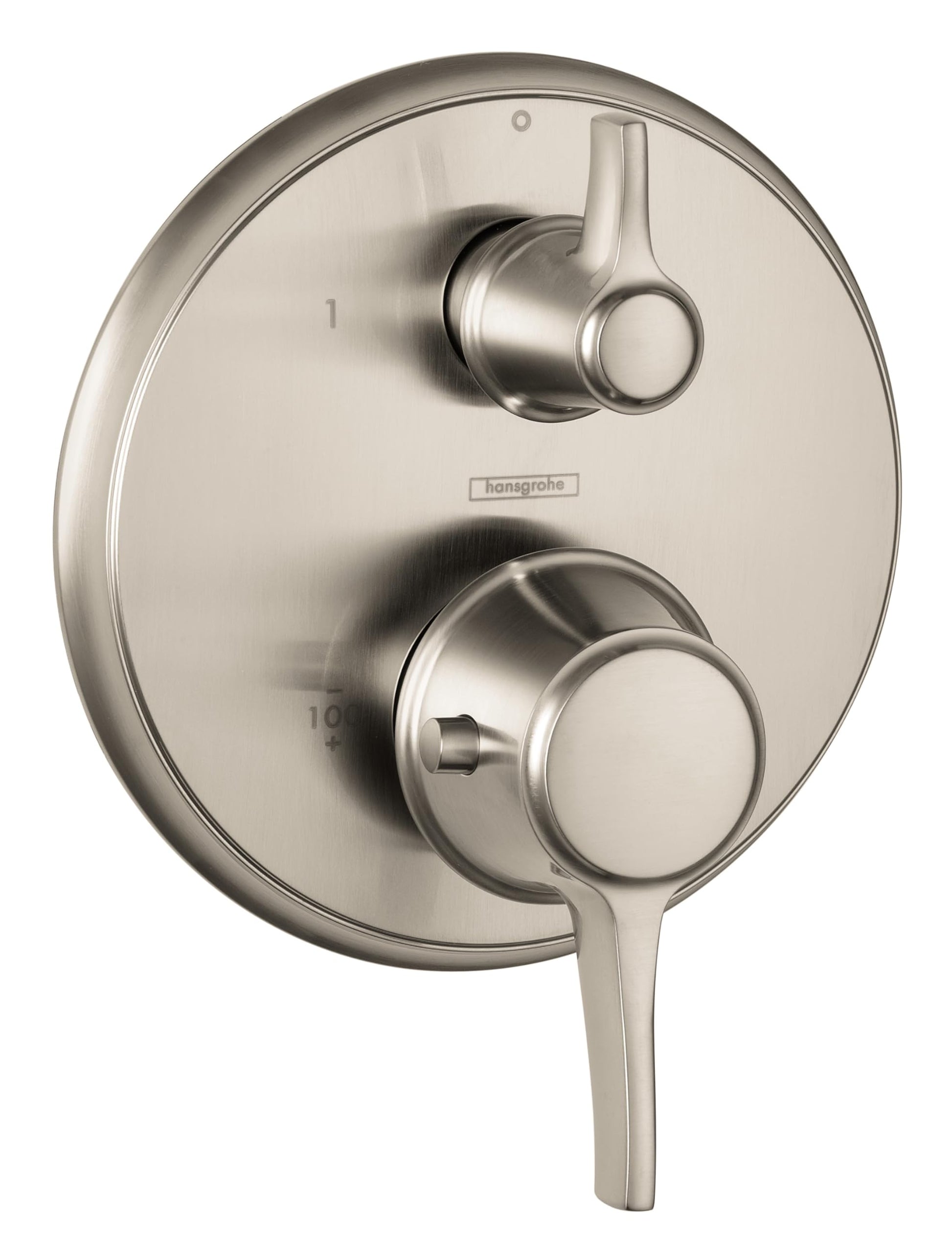 Round brushed nickel thermostatic shower trim with two control handles for temperature and volume adjustment.