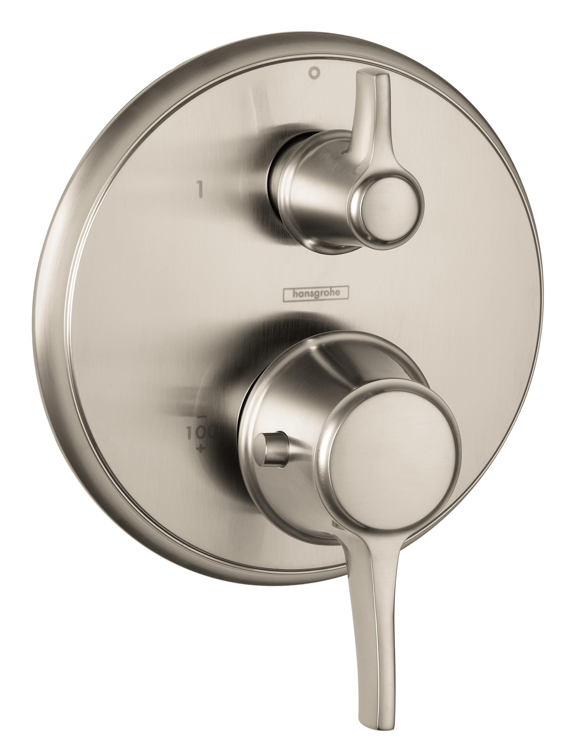 Round brushed nickel thermostatic shower trim with two control handles for temperature and volume adjustment.