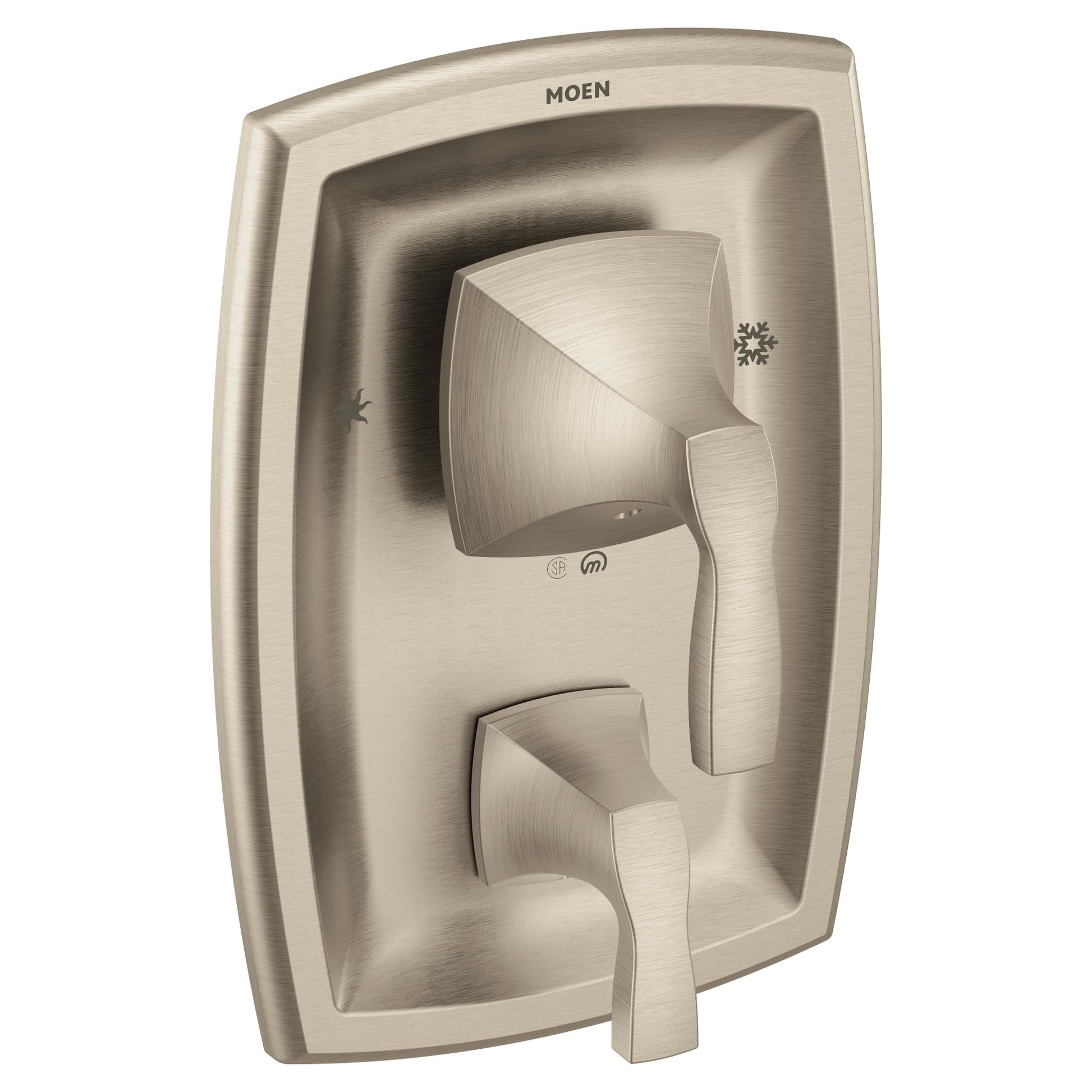 Brushed nickel shower valve trim kit with curved rectangular escutcheon plate, single lever handle, and diverter control feat