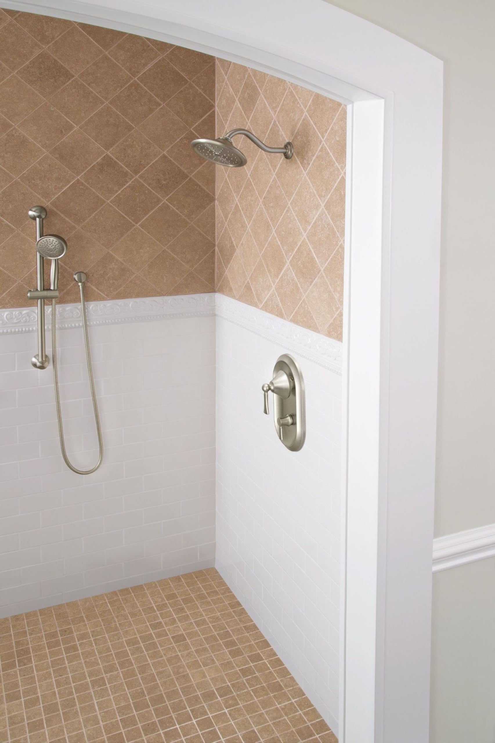 Brushed nickel shower trim kit with overhead rain showerhead, handheld sprayer on slide bar, and wall-mounted control valve i