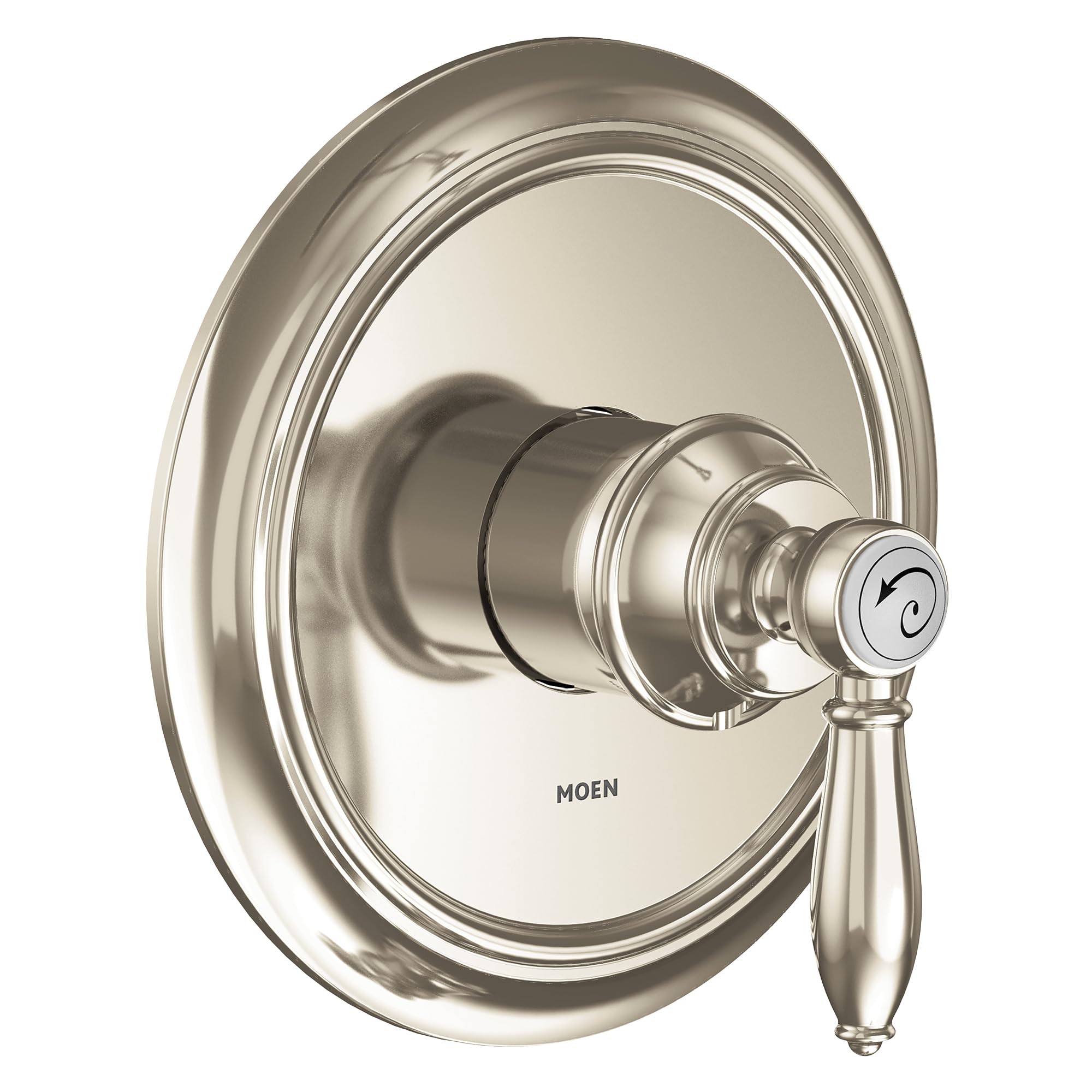 Polished nickel shower trim with single lever handle and oval escutcheon plate.