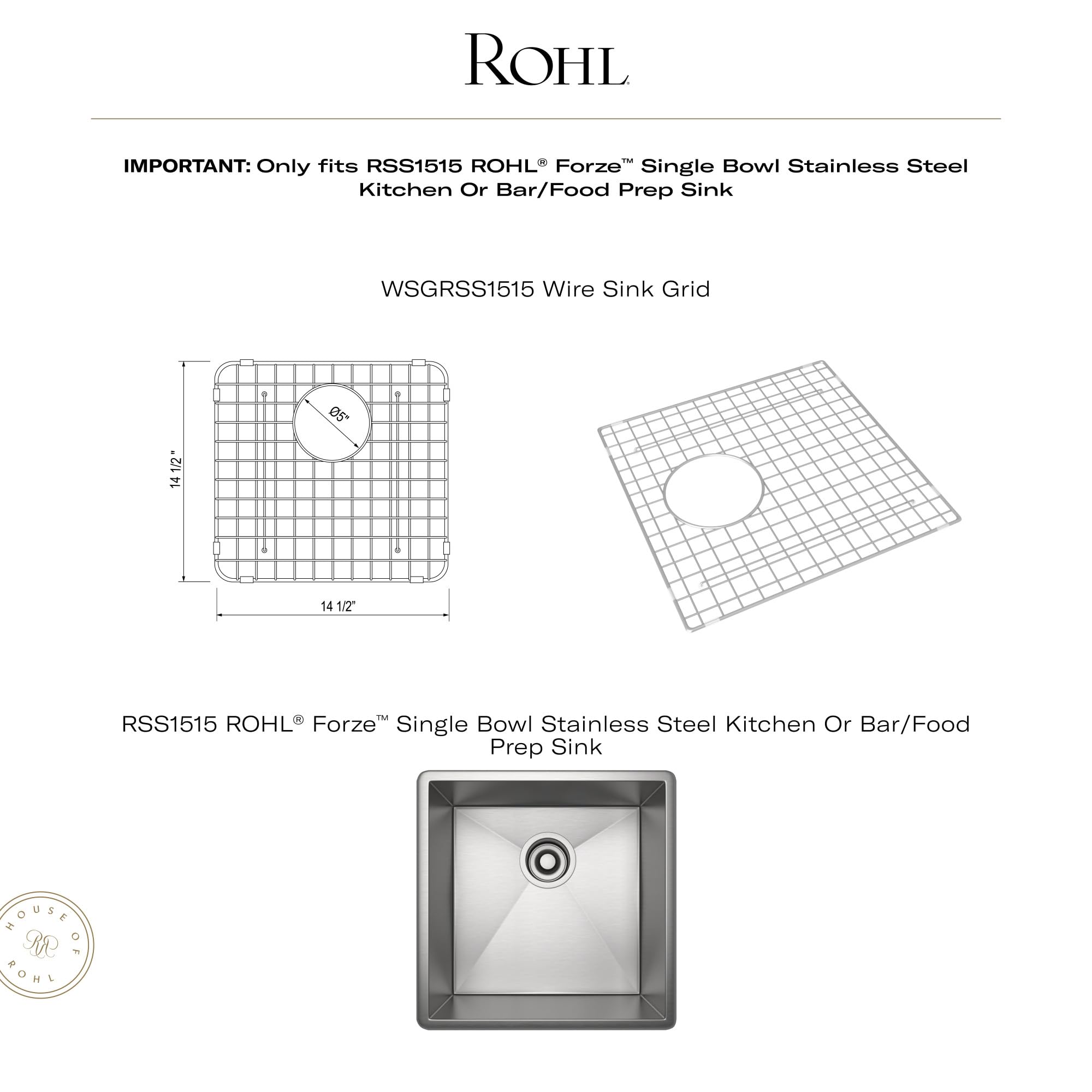 Stainless steel wire sink grid with square cross-hatch pattern and rounded corners, fits 15x15 sink basin.