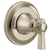 Polished nickel single-handle shower valve trim with round escutcheon plate and lever handle.