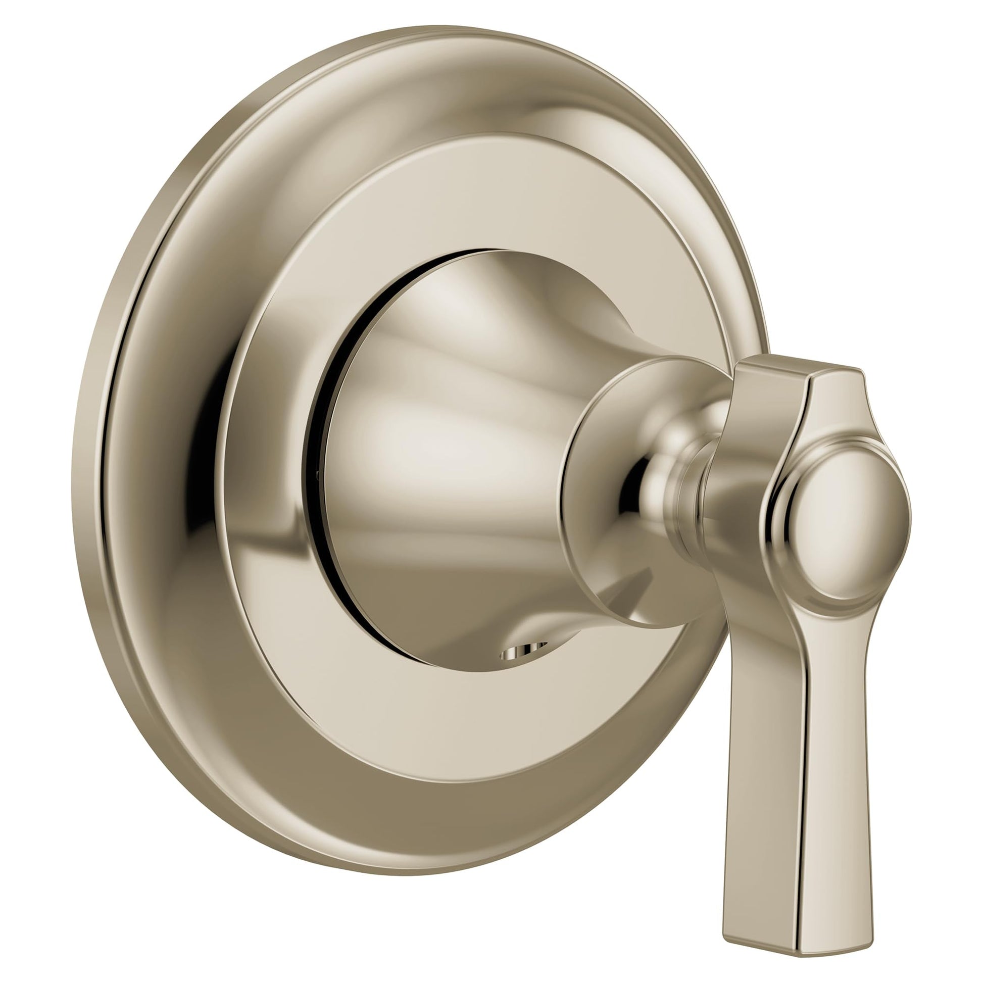 Polished nickel single-handle shower valve trim with round escutcheon plate and lever handle.