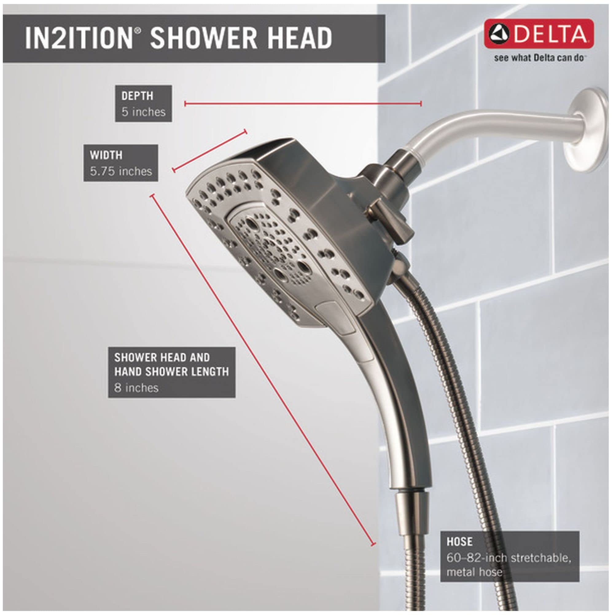 Chrome two-in-one shower head and hand shower with specifications: 5.75-inch width, 5-inch depth, 8-inch combined length, and