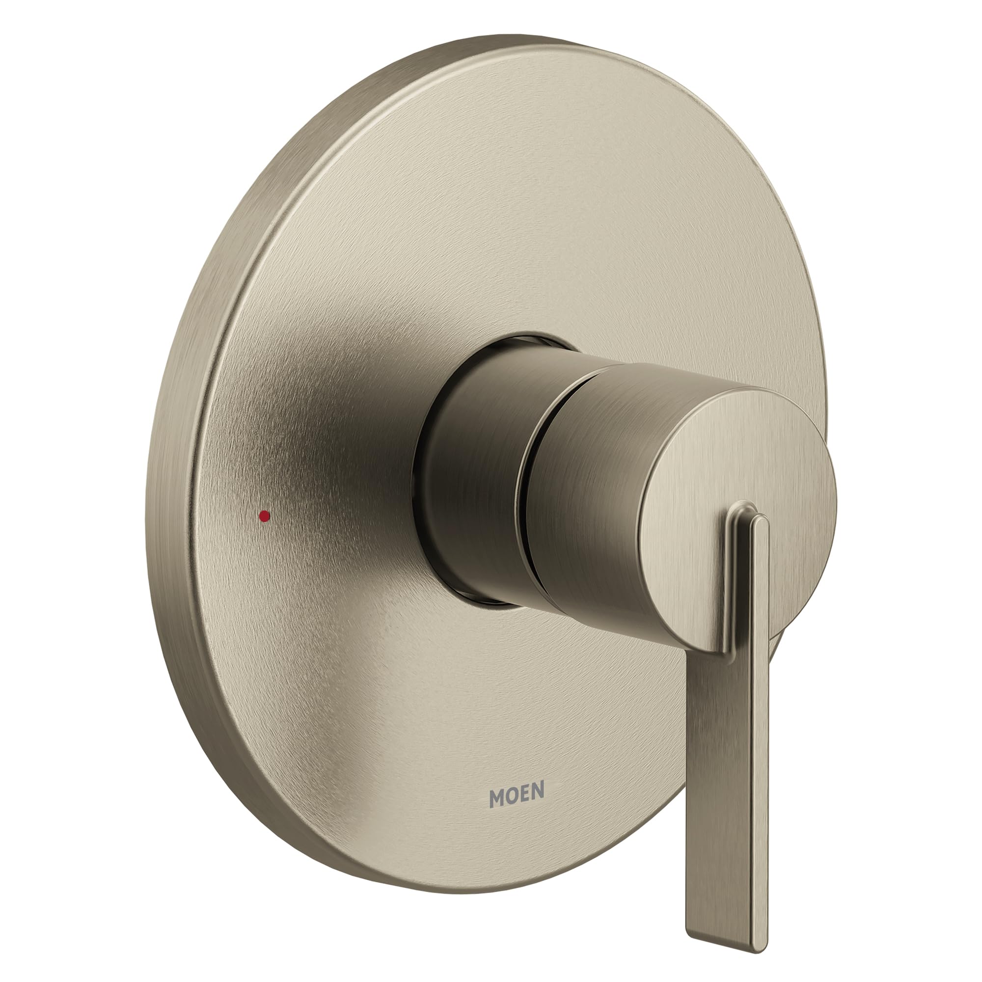 Brushed nickel single-handle valve trim with round backplate and lever handle.