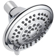 Stainless steel raincan shower head with multiple spray jets and cylindrical arm connector.