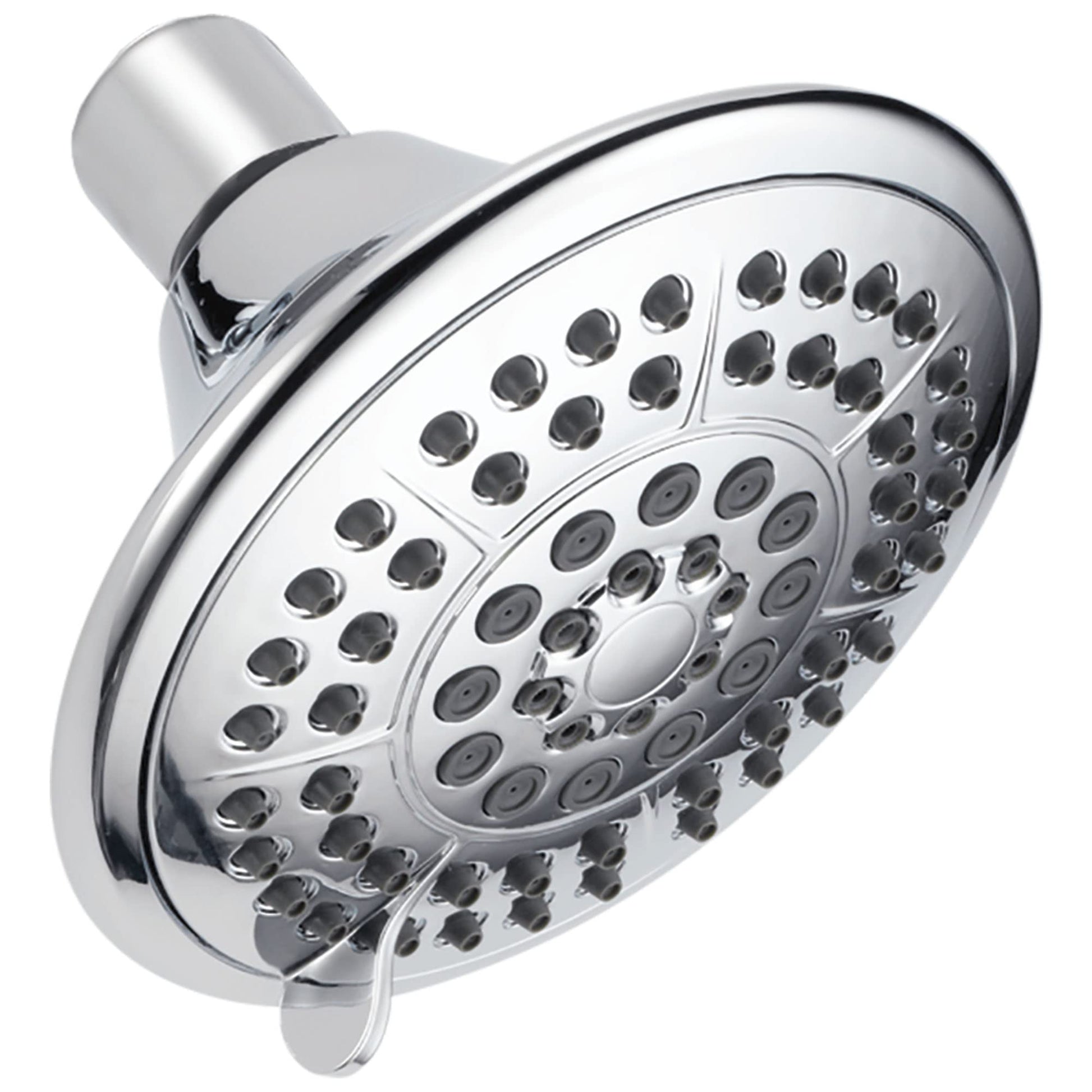 Stainless steel raincan shower head with multiple spray jets and cylindrical arm connector.