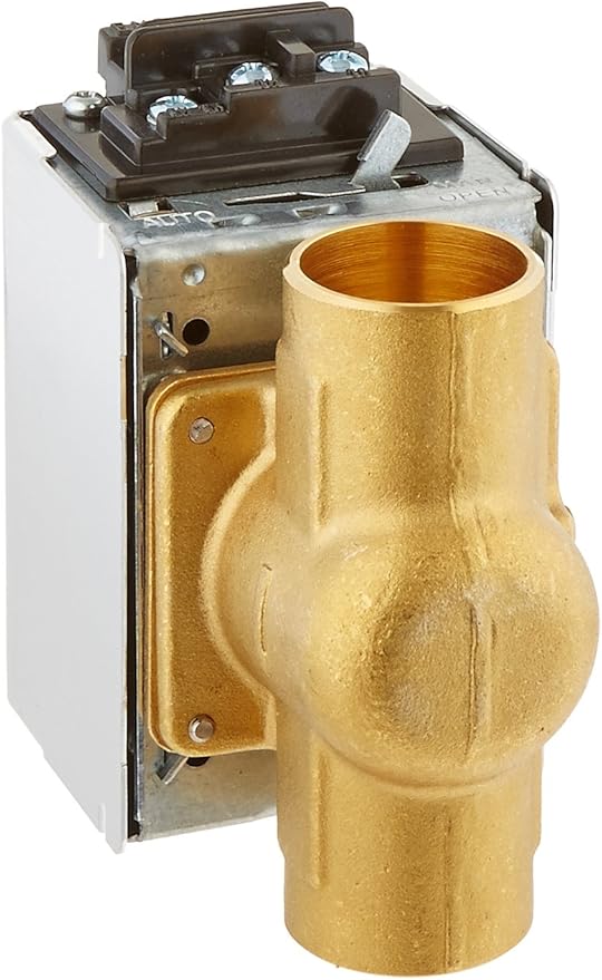 Honeywell V8043F1051 1" sweat zone valve with brass body and brown actuator assembly mounted on metal base.