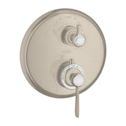 Brushed nickel round thermostatic trim with upper diverter control and lower temperature dial with white accents.