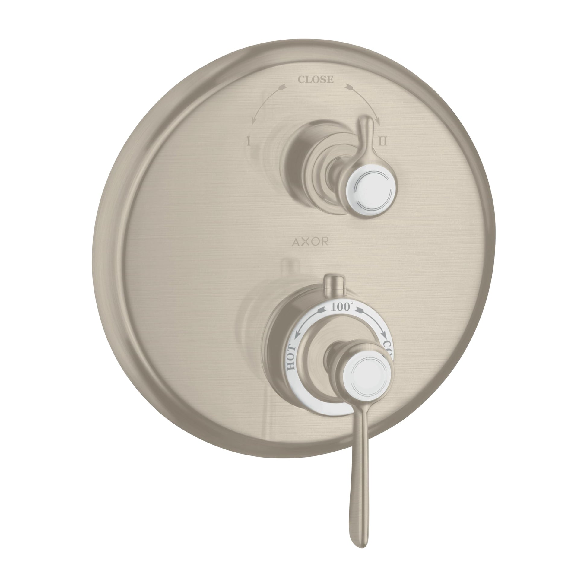 Brushed nickel round thermostatic trim with upper diverter control and lower temperature dial with white accents.