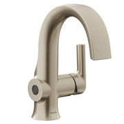Brushed nickel single-handle bathroom sink faucet with curved spout and sensor control on base.
