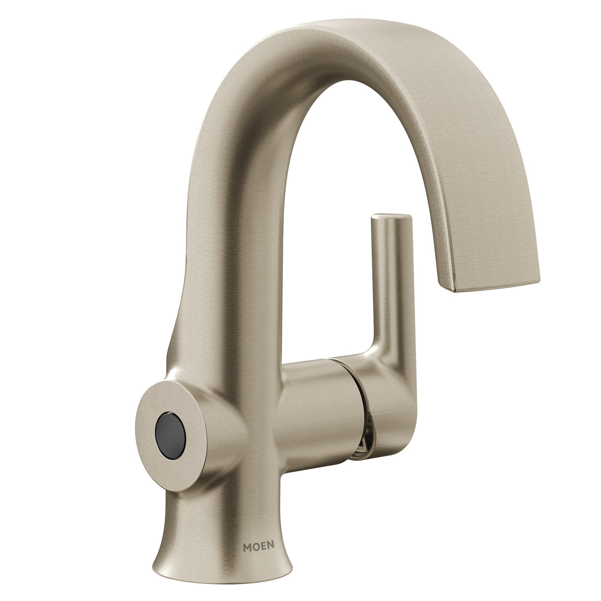Brushed nickel single-handle bathroom sink faucet with curved spout and sensor control on base.