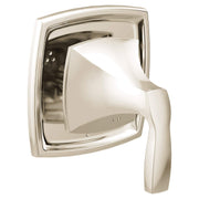 Polished nickel shower diverter trim with curved handle and square escutcheon plate.