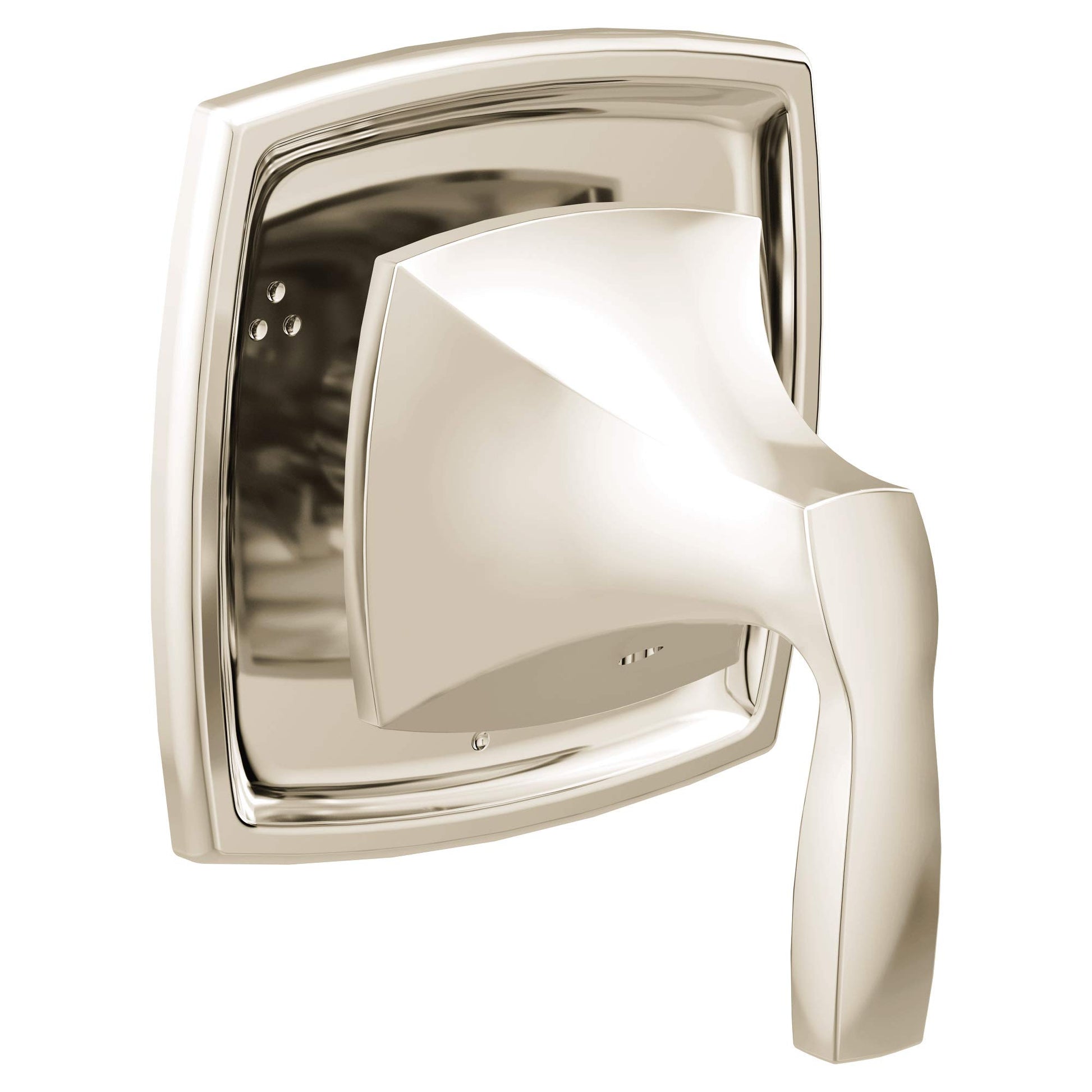 Polished nickel shower diverter trim with curved handle and square escutcheon plate.