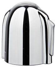 Curved chrome and matte chrome faucet handle with ergonomic grip design and dual finish coloring.